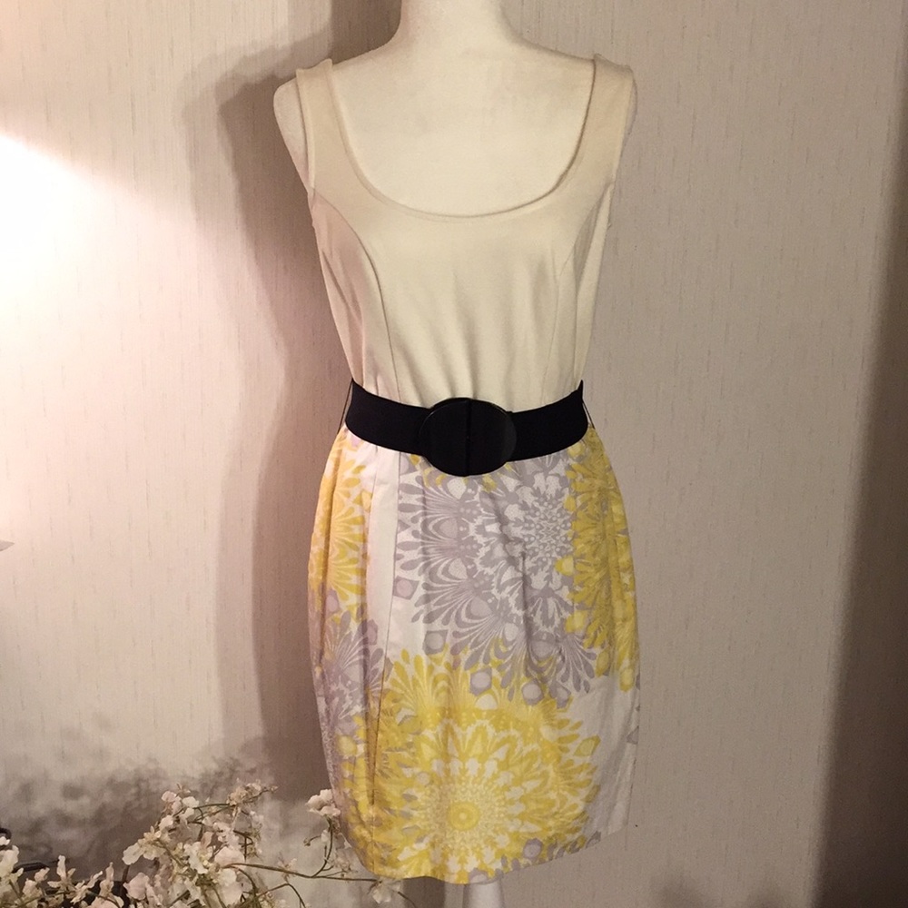 Cream dress with yellow and gray design.